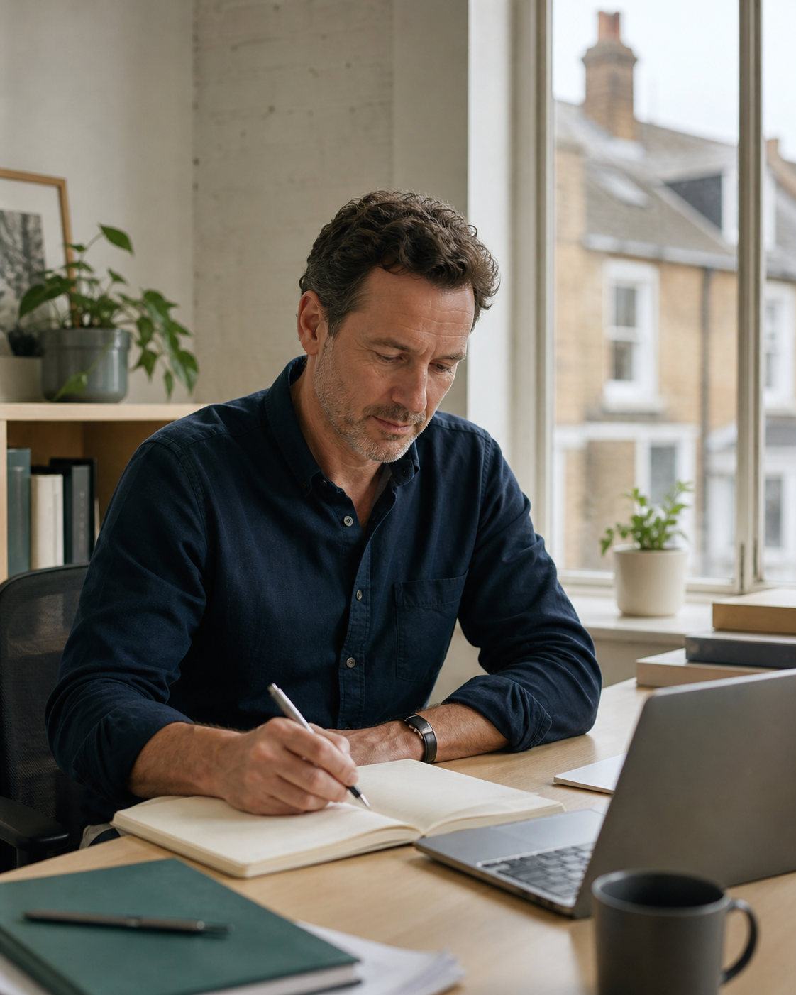 A man writing in a notebook at his home-office desk, laptop open beside him, a UK terraced street visible through the window.