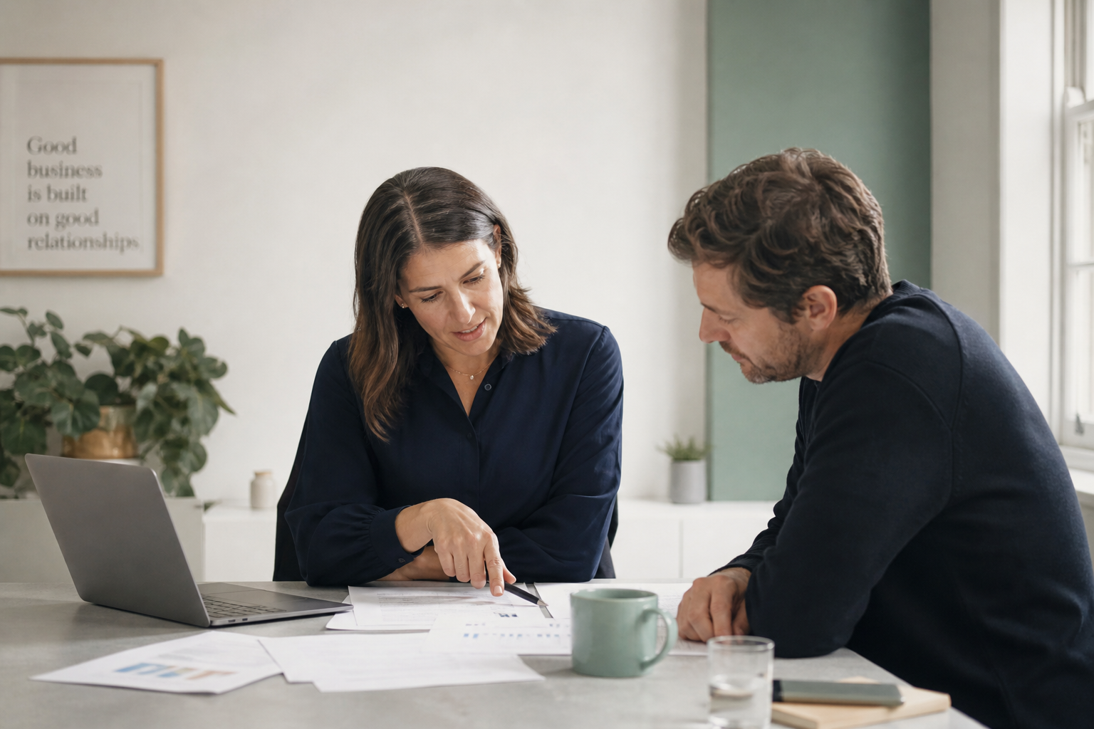 Two people working through financial paperwork together at a table, leaning over the same documents, daylight on the desk.
